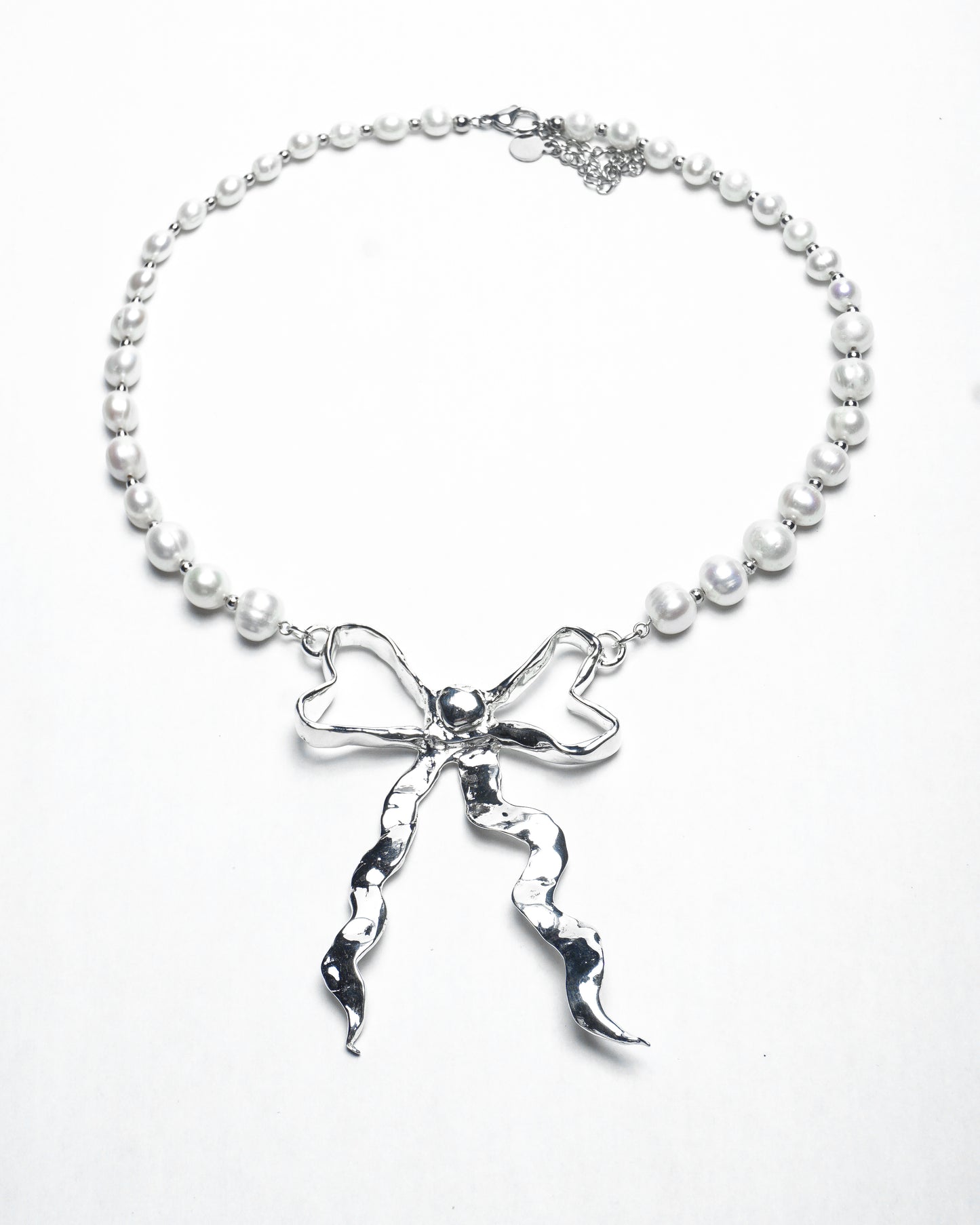 Silver bow with Freshwater Pearl chain Necklace