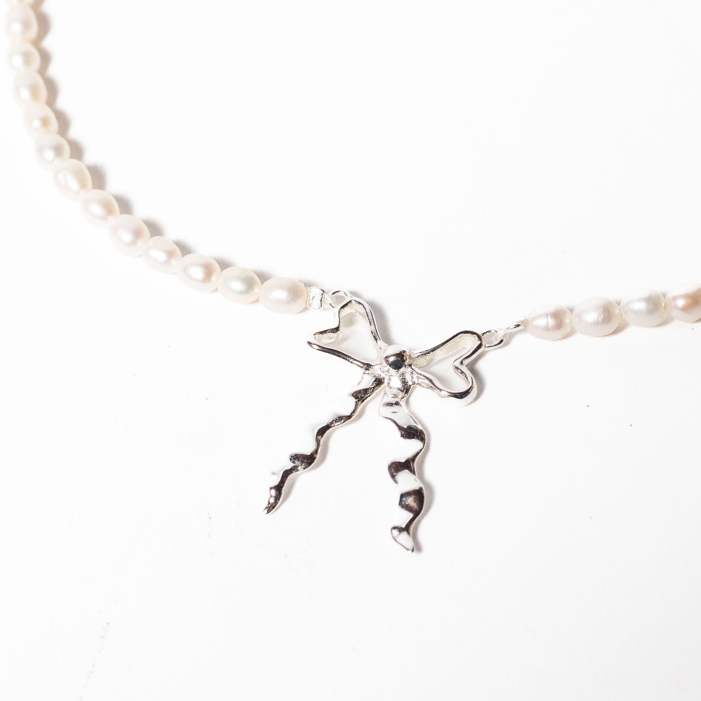 Small Silver bow with Freshwater Pearl chain Necklace