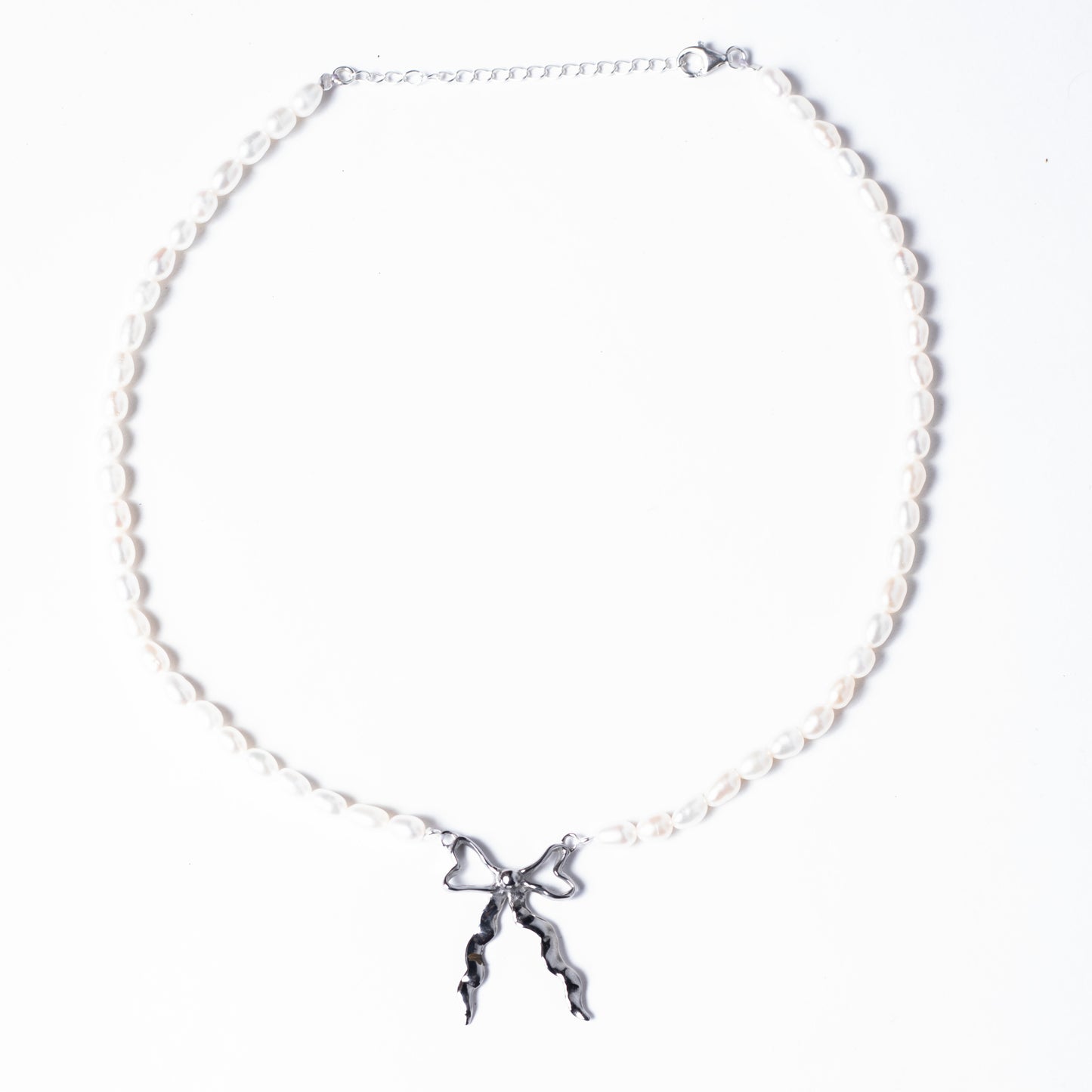 Small Steel bow with Freshwater Pearl chain Necklace